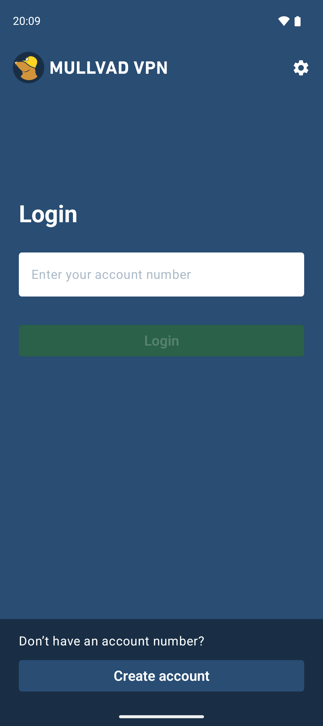 The login screen of the Mullvad app with the create account button at the bottom.
