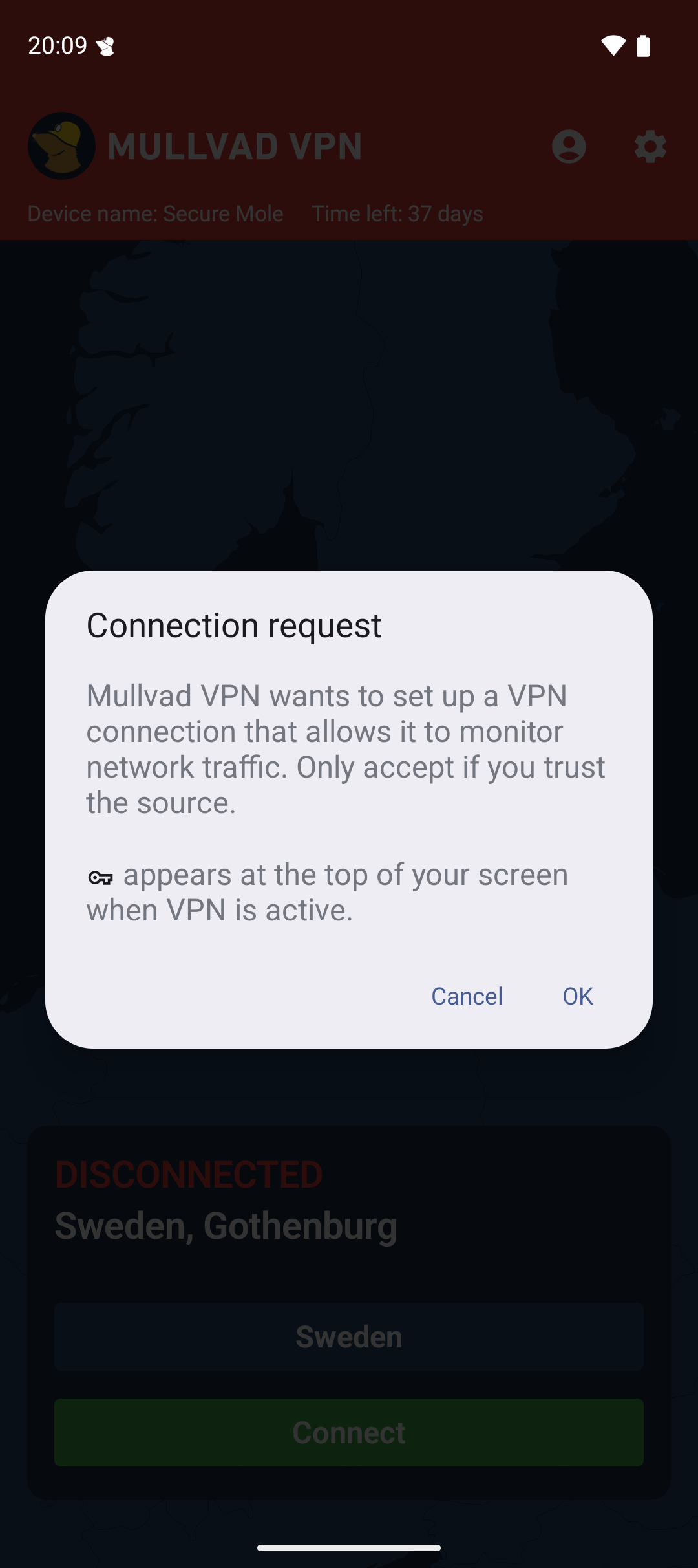 A popup asking to confirm Mullvad VPN to be allowed to set up a VPN connection