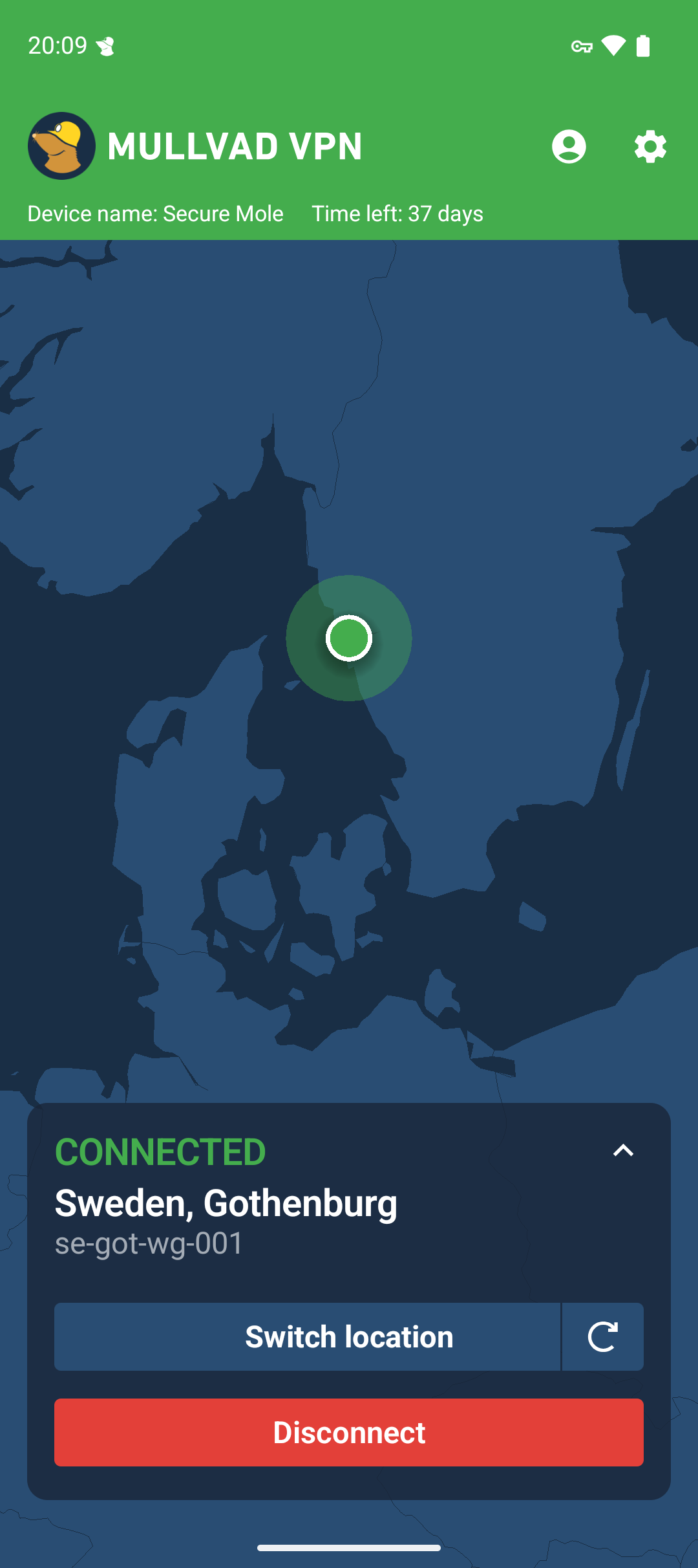 The connect screen with a map in the background and showing CONNECTED and the connected location