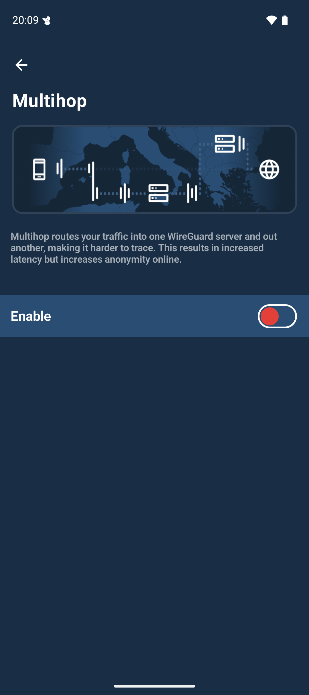 Multihop settings. There is an image of a connection passing through multiple relays and a short description of Multihop. Also there is an option button to turn Multihop on or off.