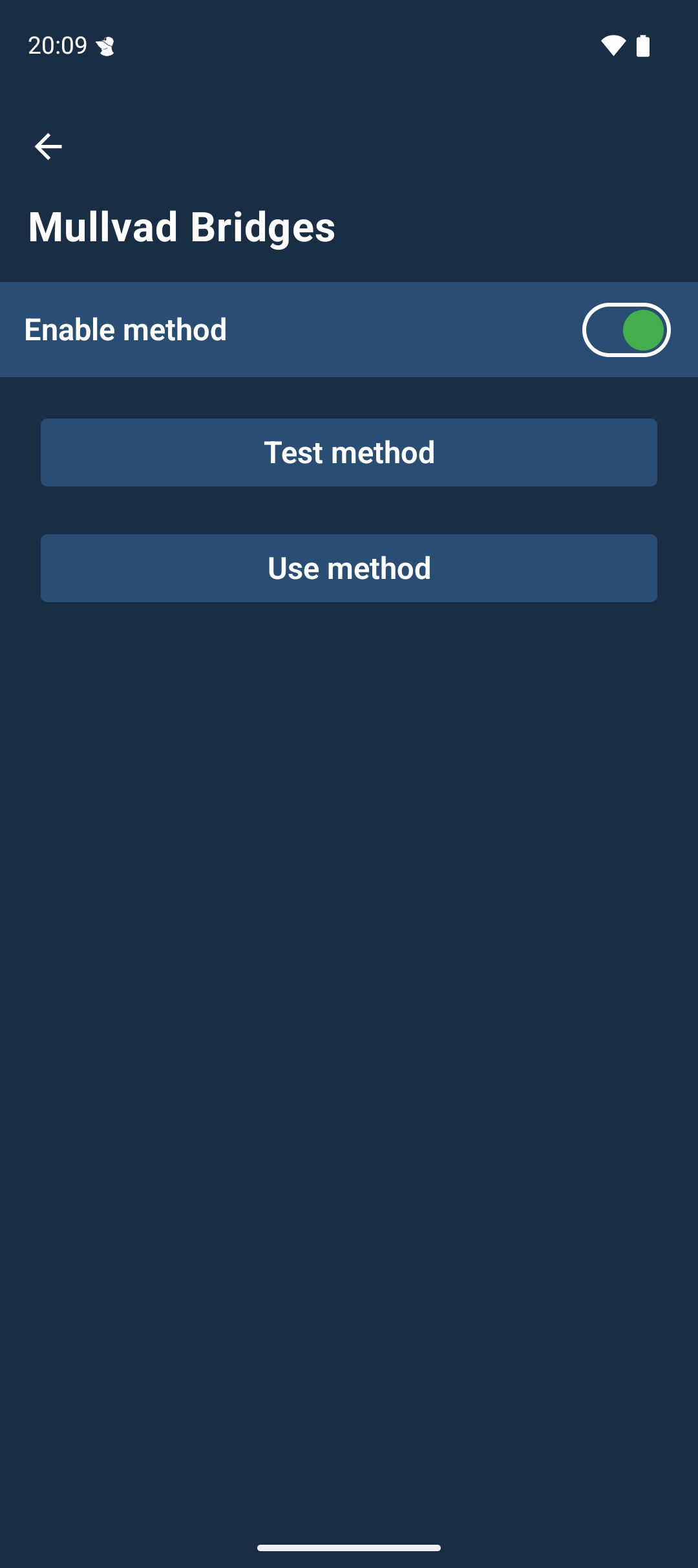 Mullvad Bridges access method. There is an option button to enable it and a button to test it and one button to use it.