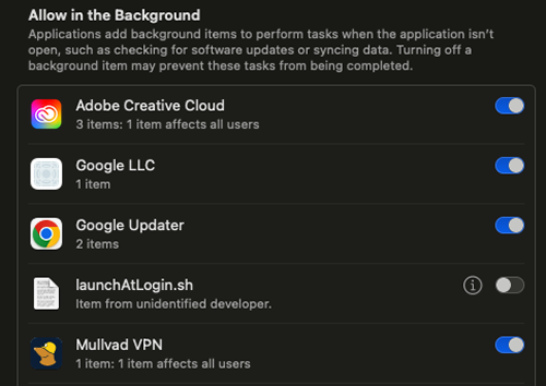 The Allow in the Background section of the macOS system settings, showing the Mullvad VPN app as enabled.