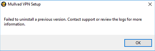 Error dialog showing an error about failing to uninstall the previous version.