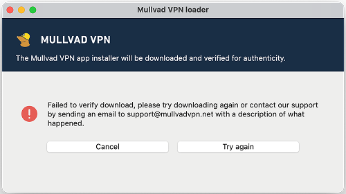 Failed to verify download error text, with two buttons to cancel or try again.