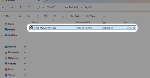 The Install Mullvad VPN exe file highlighted in the downloads folder.