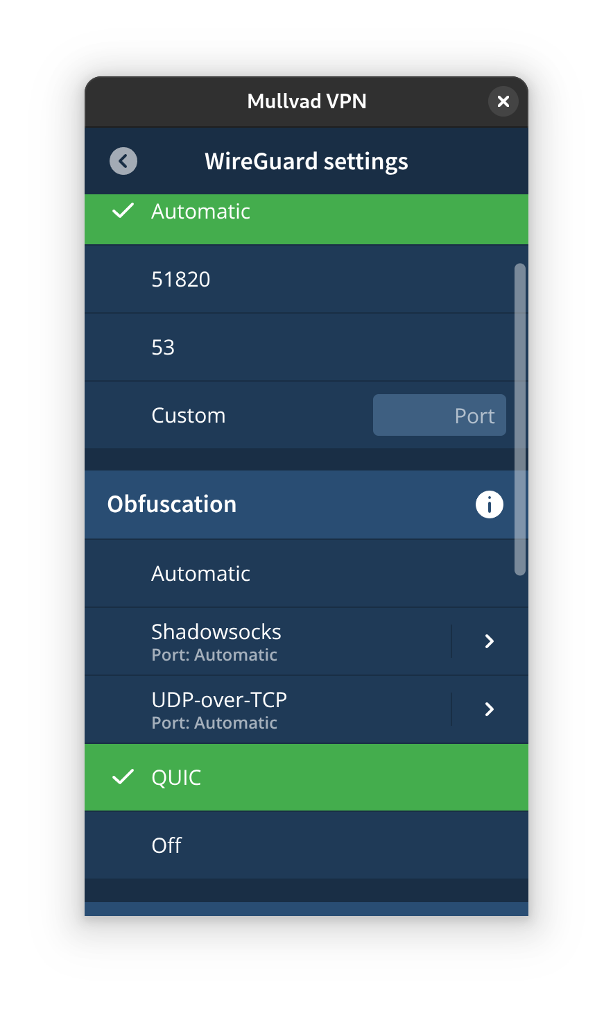 A screenshot of the Mullvad VPN app showing how to enable QUIC obfuscation