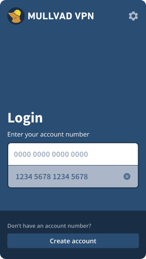Login view with a saved account number under the account numer input field.