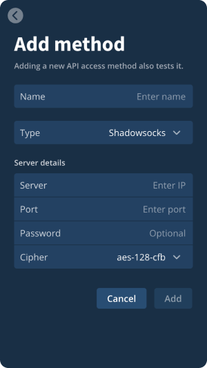 Add a custom API access method screen, listing input fields to add connection details and two buttons to cancel or add.