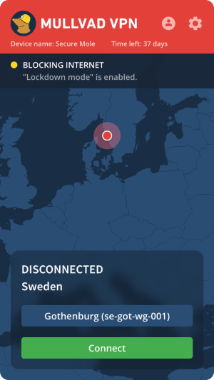 Connection screen with Lockdown mode enabled and the app in disconnected state.