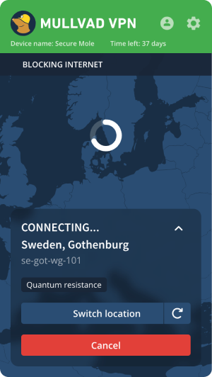 Mullvad VPN app in the connecting state.