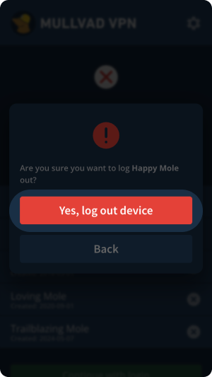 Dialog with message if the user wants to log out a device, button to log out device highlighted. 