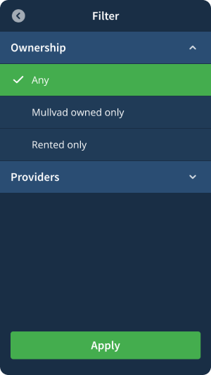 Filter view with a list of three options for filtering based on ownership, Any, Mullvad owned only, Rented only.