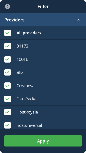 Filter view with a list of providers with a checkmark to include or exclude providers.