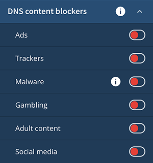 DNS content blockers setting expanded with the menu option toggles disabled.